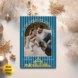 Joy To The World Turquoise Kerststal Kerst Foto Folie Feestdagenkaart