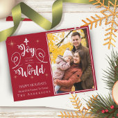 Joy To The World Typografie Rode Familie Foto Feestdagenkaart