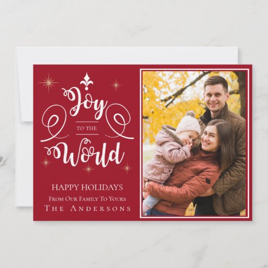 Joy To The World Typografie Rode Familie Foto Feestdagenkaart (Voorkant)