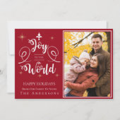 Joy To The World Typografie Rood Familie Foto Feestdagenkaart (Voorkant)