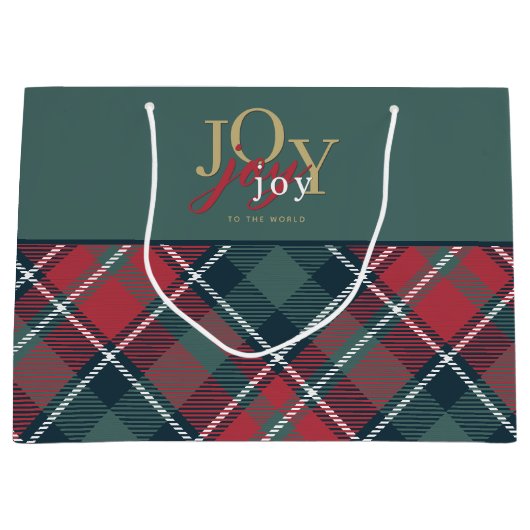 Joy to the World Typography Rustic Plaid Groot Cadeauzakje (Voorkant)