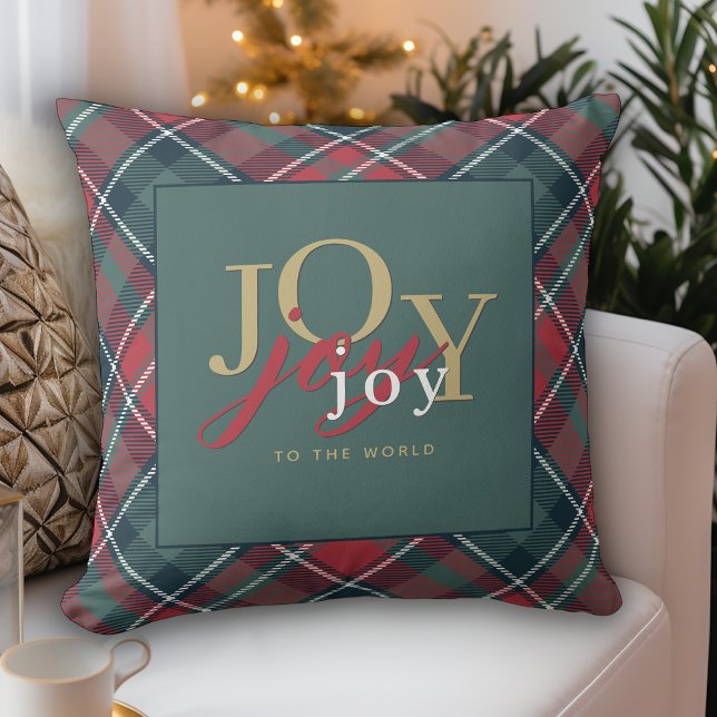 Joy to the World Typography Rustic Plaid Kussen (Creator heeft geüpload)