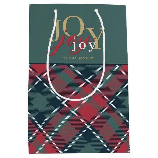 Joy to the World Typography Rustic Plaid Medium Cadeauzakje (Voorkant)