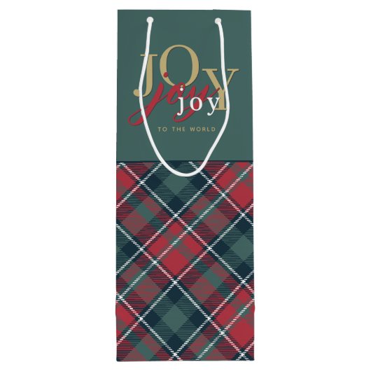 Joy to the World Typography Rustic Plaid Wijn Cadeautas (Achterkant)