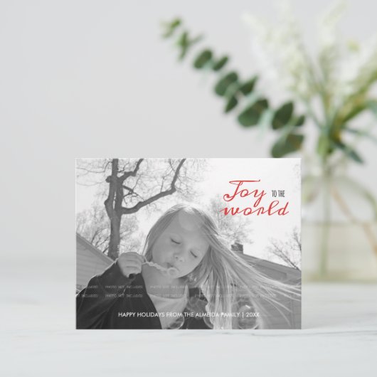 Joy to the World Vakantiefoto Kerst Rood Zwart Feestdagenkaart (Staand voorkant)