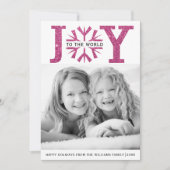 Joy to world fuchsia roze sneeuwflake met kerst feestdagenkaart (Voorkant)