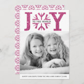 Joy to world fuchsia roze sneeuwflake met kerst feestdagenkaart (Voorkant / Achterkant)