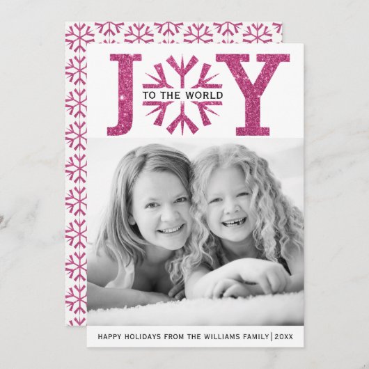 Joy to world fuchsia roze sneeuwflake met kerst feestdagenkaart (Voorkant / Achterkant)