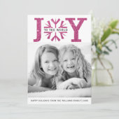 Joy to world fuchsia roze sneeuwflake met kerst feestdagenkaart (Staand voorkant)