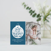 Joy to world Lettering Blue Kerstfoto Feestdagenkaart (Staand voorkant)
