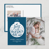 Joy to world Lettering Blue Kerstfoto Feestdagenkaart (Voorkant / Achterkant)