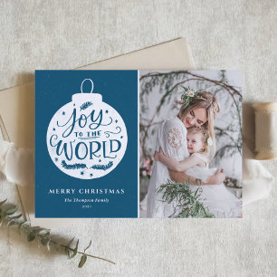 Joy to world Lettering Blue Kerstfoto Feestdagenkaart