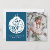 Joy to world Lettering Blue Kerstfoto Feestdagenkaart (Voorkant)