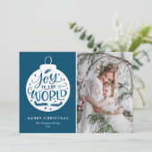 Joy to world Lettering Blue Kerstfoto Feestdagenkaart (Staand voorkant)
