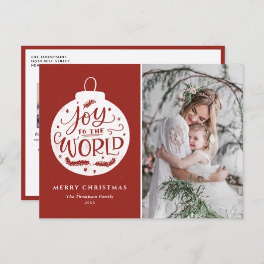 Joy to world Lettering Red Kerstfoto Feestdagenkaart (Voorkant / Achterkant)