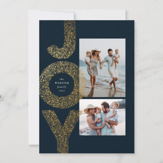 Joy twee foto's met kerstfeestjes gouden marine feestdagenkaart (Voorkant)