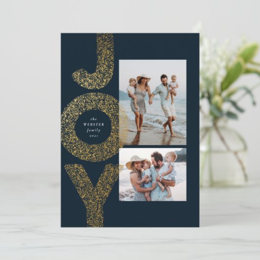 Joy twee foto's met kerstfeestjes gouden marine feestdagenkaart (Staand voorkant)