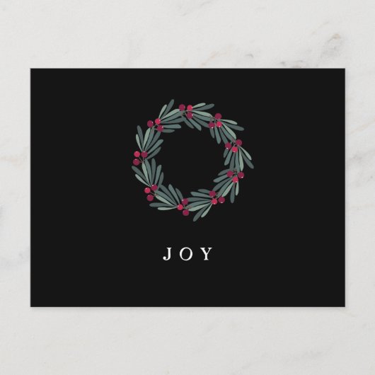 "JOY" Typografie Holly Berry Wreath Holiday Briefkaart (Voorkant)