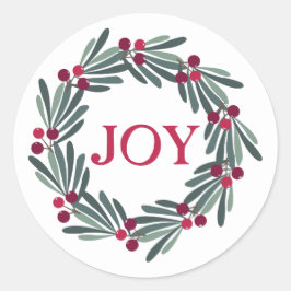 "JOY" Typografie Holly Berry Wreath Red Ronde Sticker