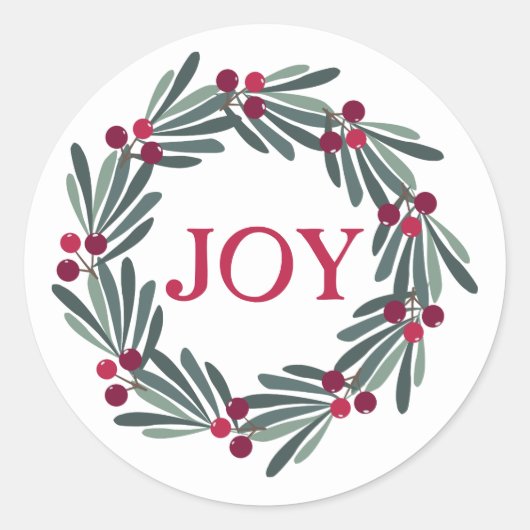 "JOY" Typografie Holly Berry Wreath Red Ronde Sticker (Voorkant)