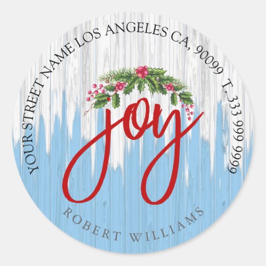 Joy typografie op bijtend geschilderd hout ronde sticker (Voorkant)