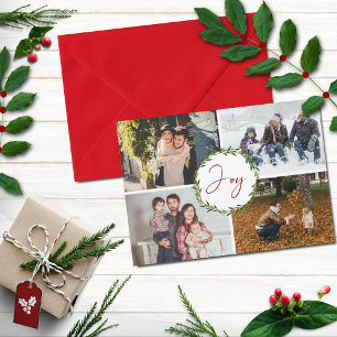 Joy Typografie Script Wreated 4-foto met Kerstmis Feestdagenkaart