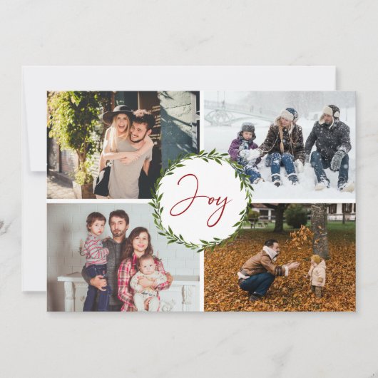 Joy Typografie Script Wreated 4-foto met Kerstmis Feestdagenkaart (Voorkant)