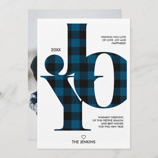 Joy Typography Blue Buffalo Pset Photo Holiday Kaart (Voorkant / Achterkant)