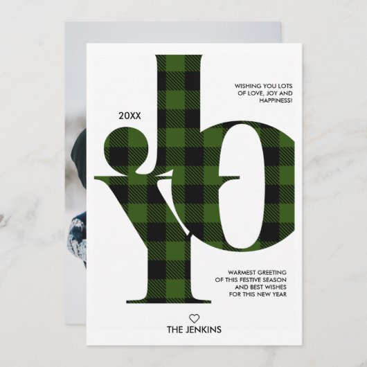 Joy Typography Green Buffalo Pset Photo Holiday Kaart (Voorkant / Achterkant)
