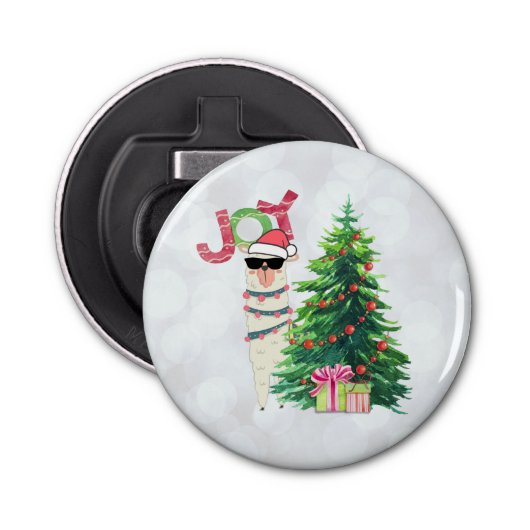 Joy Typography | Kerst Llama achter de boom Button Flesopener (Voorkant)