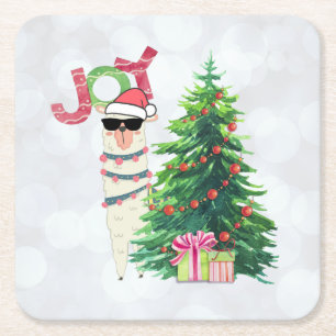 Joy Typography   Kerst Llama met boom Kartonnen Onderzetters