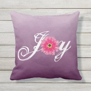 Joy Typography Pink Gerbera Daisy Flower on Paars Buitenkussen