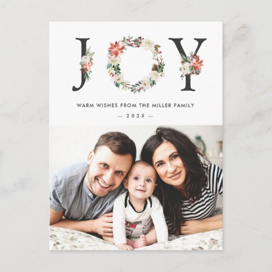 JOY Typography Poinsettia Floral kerstfoto Briefkaart (Voorkant)