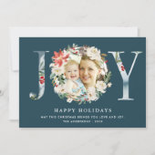 JOY Typography Poinsettia Floral Wreatfoto Feestdagenkaart (Voorkant)