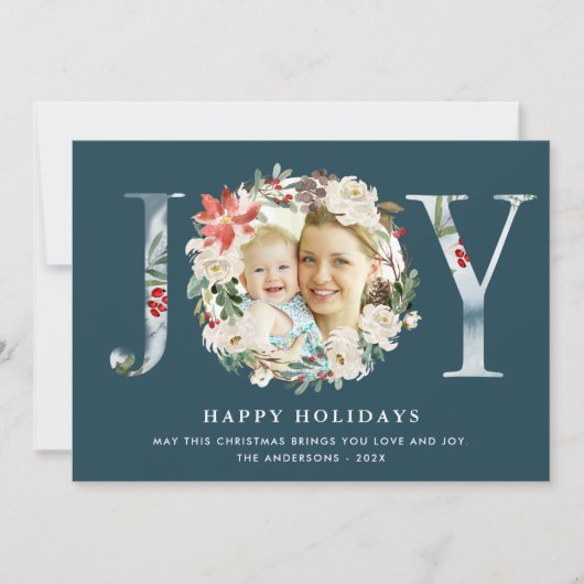 JOY Typography Poinsettia Floral Wreatfoto Feestdagenkaart (Voorkant)