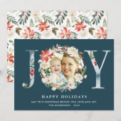 JOY Typography Poinsettia Floral Wreatfoto Feestdagenkaart (Voorkant / Achterkant)