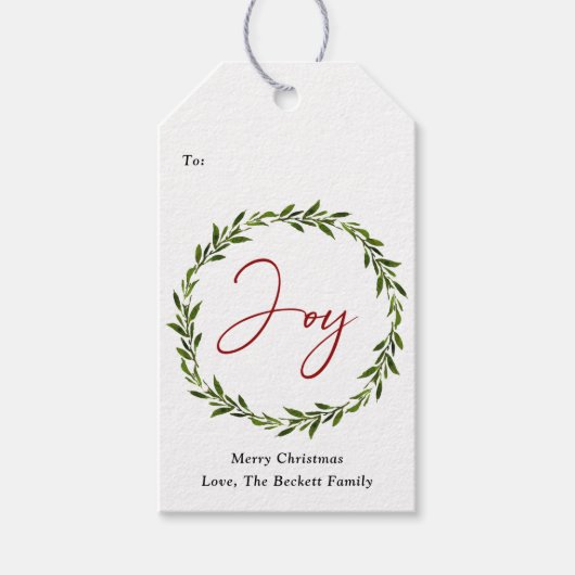 Joy Typography Script Kerstmis Wreatay Holiday Cadeaulabel (Voorkant)
