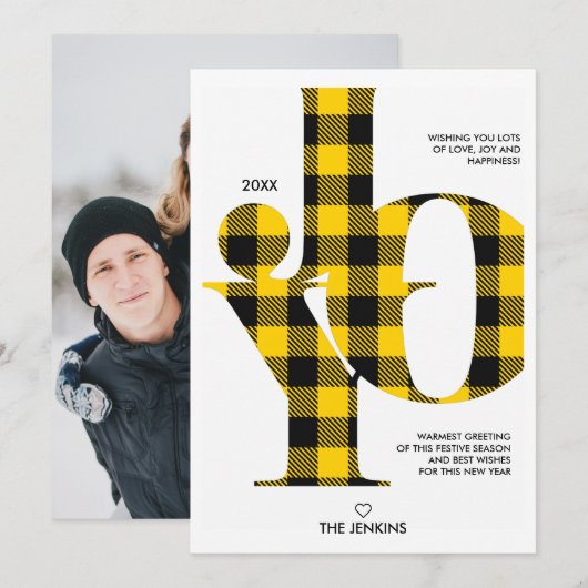 Joy Typography Yellow Buffalo Pset Photo Holiday Kaart (Voorkant / Achterkant)