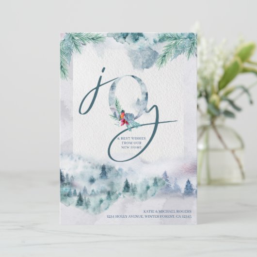 Joy uit New Home Waterverf Misty Forest Moving Aankondiging (Staand voorkant)