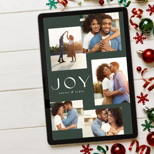 Joy vijf foto-collage moderne groene kerst feestdagenkaart