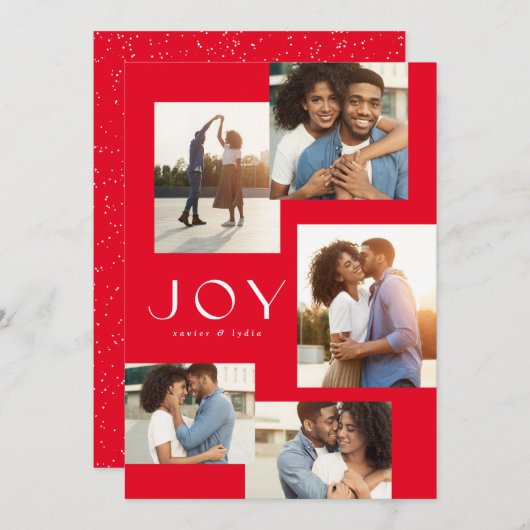 Joy vijf foto's collage moderne rode kerst feestdagenkaart (Voorkant / Achterkant)