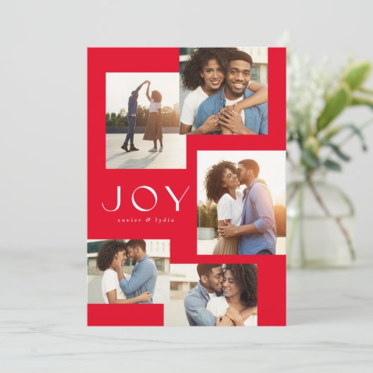 Joy vijf foto's collage moderne rode kerst feestdagenkaart (Staand voorkant)