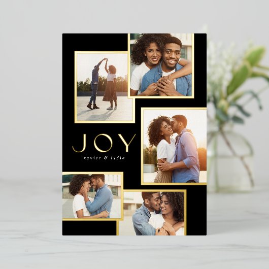 Joy vijf foto's met gouden lijsten Kerstmis Folie Feestdagenkaart (Staand Voorkant)