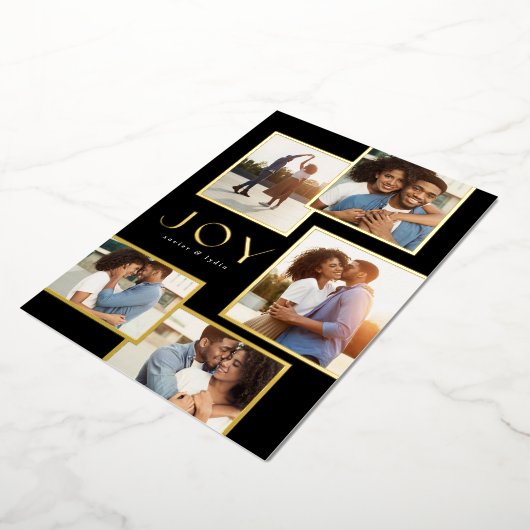 Joy vijf foto's met gouden lijsten Kerstmis Folie Feestdagenkaart (Gedraaid)