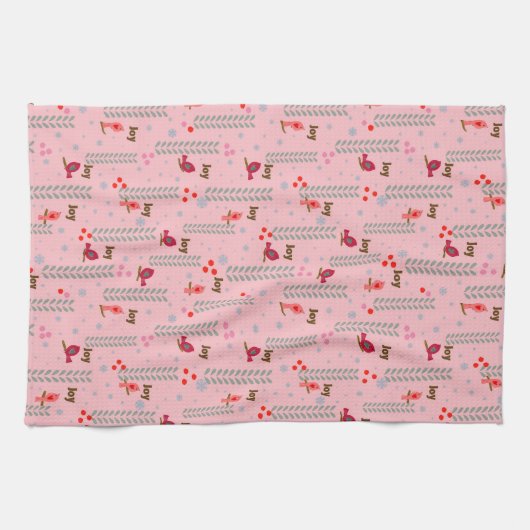 Joy vogels Kerstmis - roze Theedoek (Horizontaal)