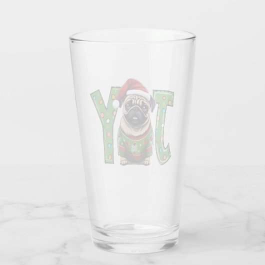 JOY Vrolijk Kerstmis Pug Santa Glas (Achterkant)