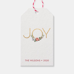 Joy Waterverf Floral met Gold Kerstmis Cadeaulabel