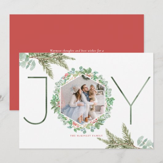JOY Waterverf Kerstfeest Foliage Wreatfoto Feestdagenkaart (Voorkant / Achterkant)