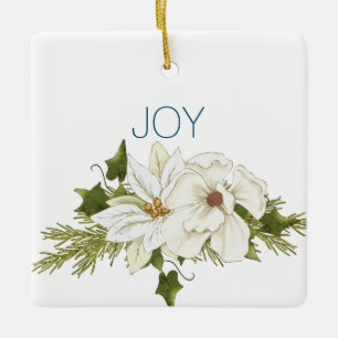 JOY White Poinsettia kerstnaam & datum Keramisch Ornament