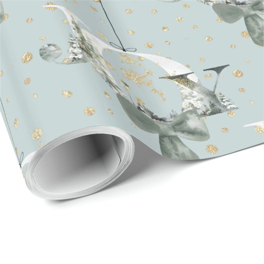 Joy Winter Forest Font Gold Snow Ornament Blue Cadeaupapier (Rol Hoek)